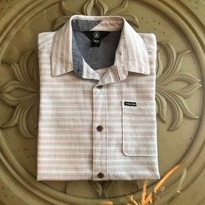Boys M 10 Volcom aqua striped SS button down shirt